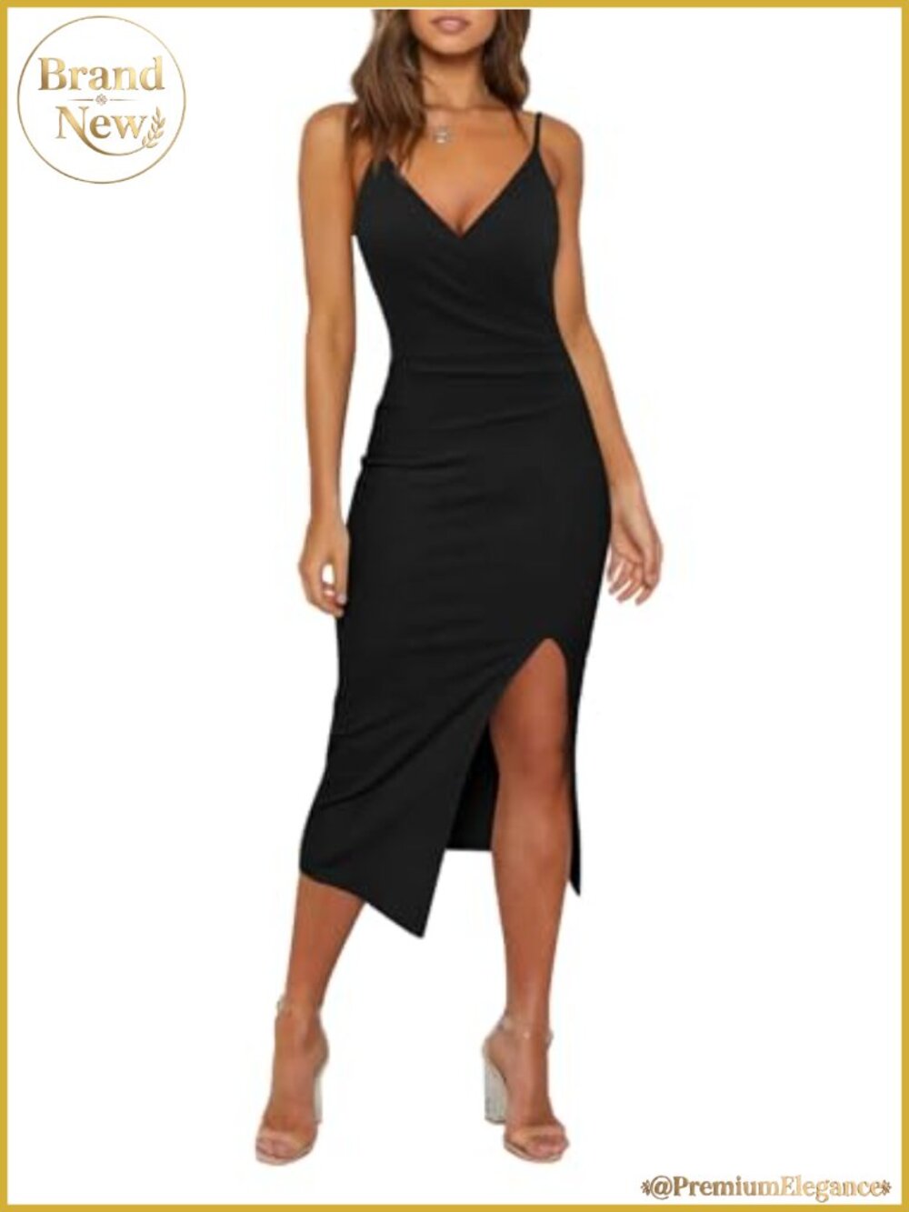Women's V Neck Spaghetti Strap Ruched Side Slit Bodycon Cocktail Party Wedding